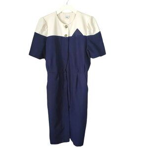 VINTAGE Womens Dress SZ XL Nautical USA Midi Short Sleeve Color Block Navy‎